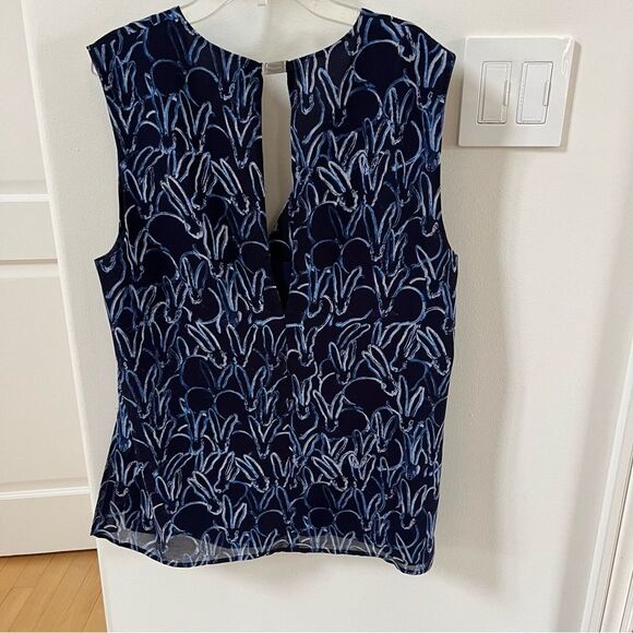 Grey Jason Wu Bunny Print Sleeveless Sheer Blouse Top in Marine Blue 12 - Picture 7 of 11